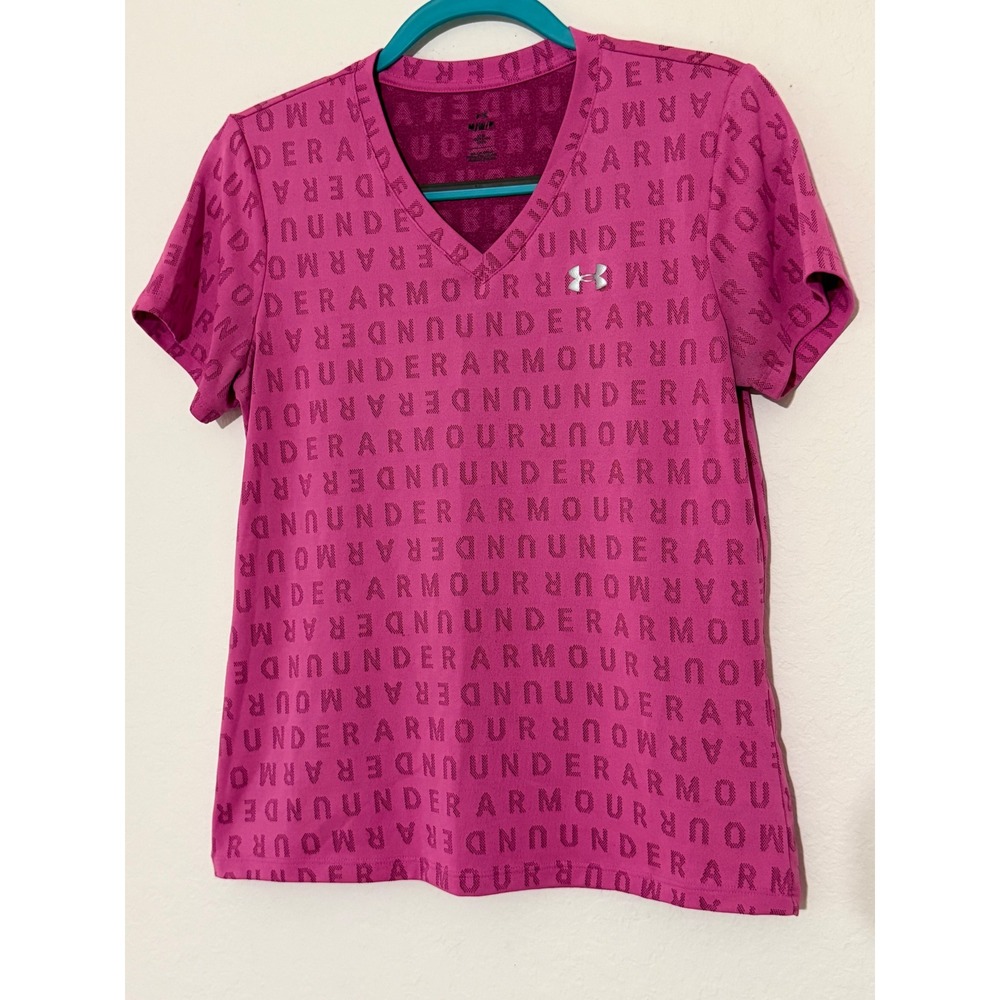 Under Armour Womens Pink Jacquard Logo V-Neck Performance T-Shirt 1384236 Size M